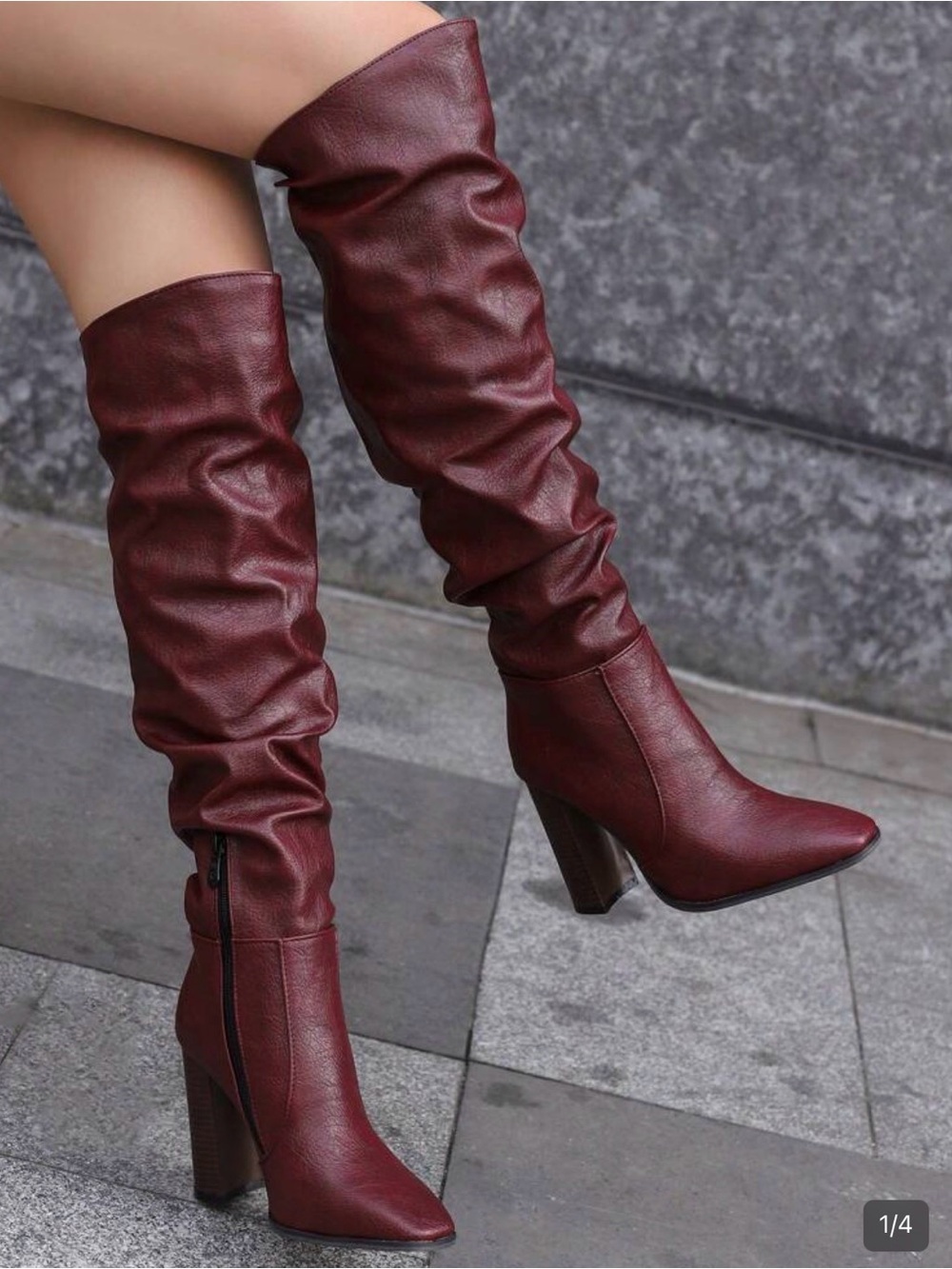 Women's Slouchy Knee-High Heeled Boots in Burgundy